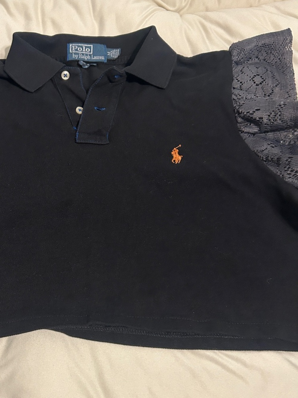 Polo by Ralph Lauren Black Polo with Lace Puff Sleeves and Orange Logo